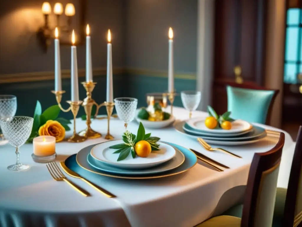 Una mesa de cena francesa exquisitamente decorada con vajillas de lujo para cena francesa