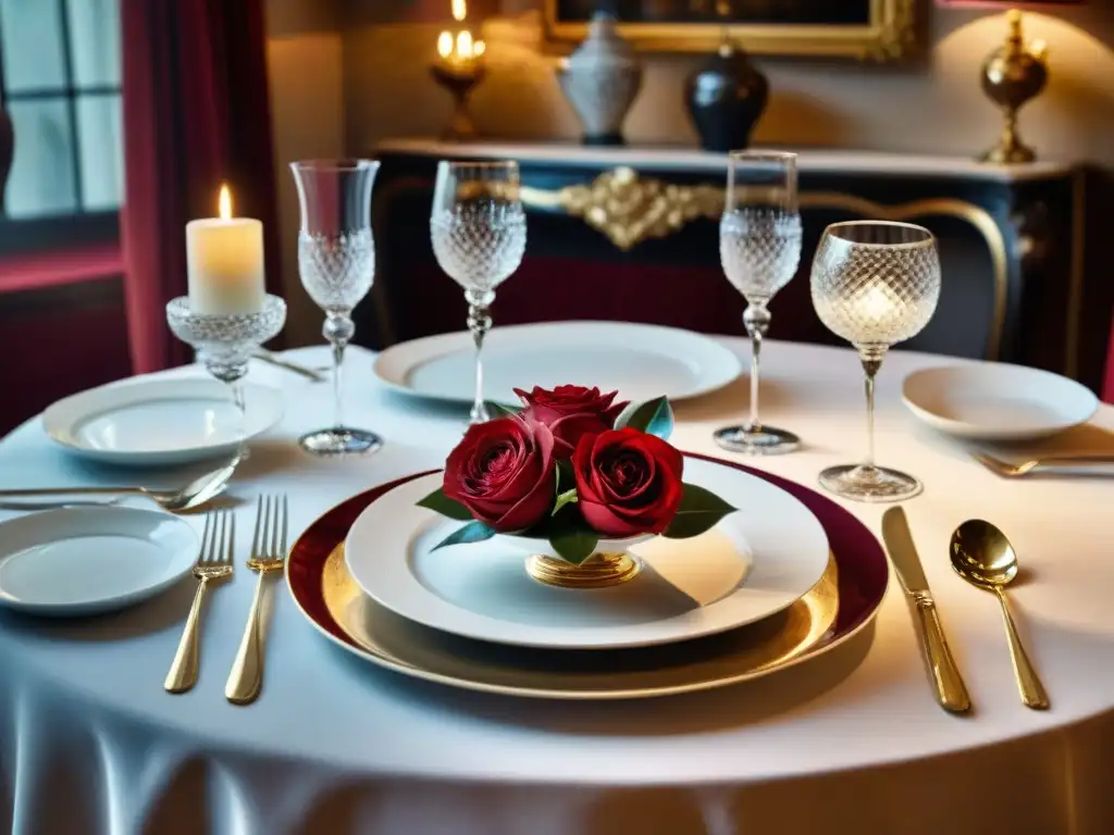 Una mesa de cena francesa exquisitamente decorada para maridajes franceses en cenas románticas