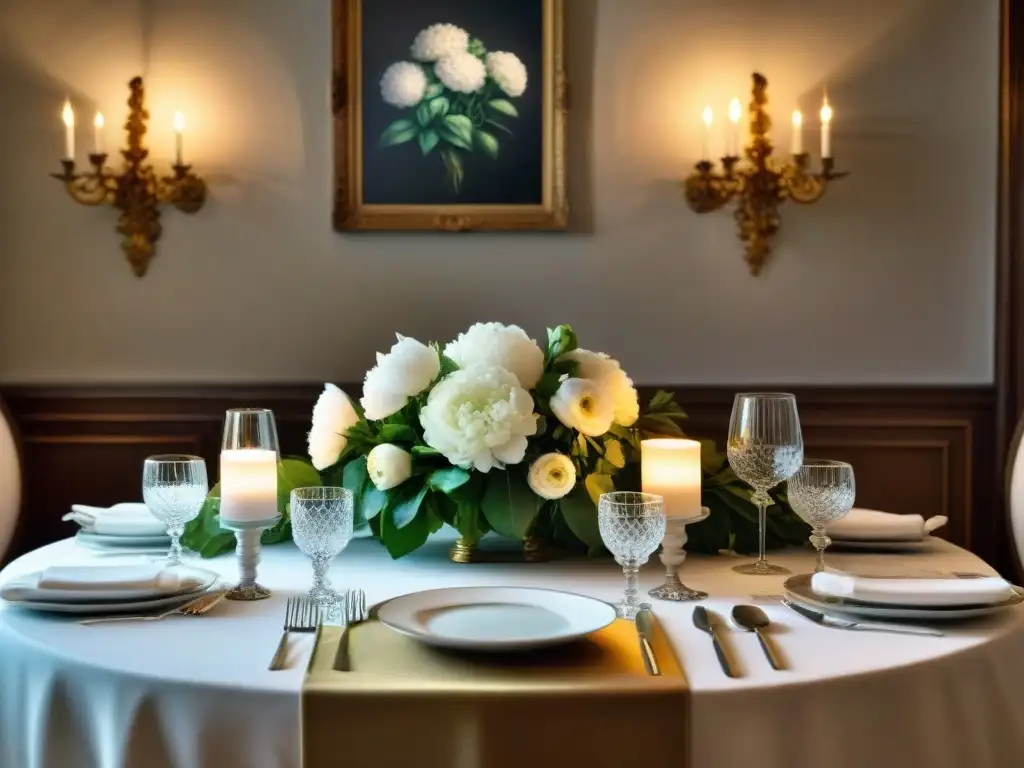 Una mesa de cena francesa elegantemente decorada con vajilla de porcelana, cristalería opulenta y cubiertos de plata