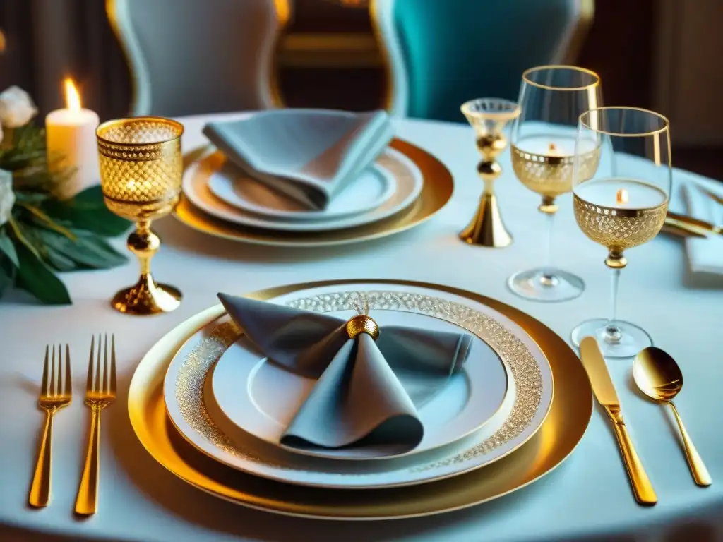 Una mesa de cena francesa lujosa con vajillas de lujo para cena francesa, iluminada por cálidas velas