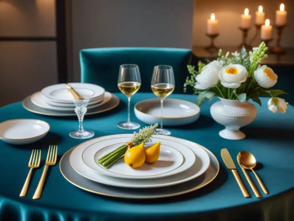 Una mesa de cena francesa lujosa y elegante con vajillas de lujo para cena francesa