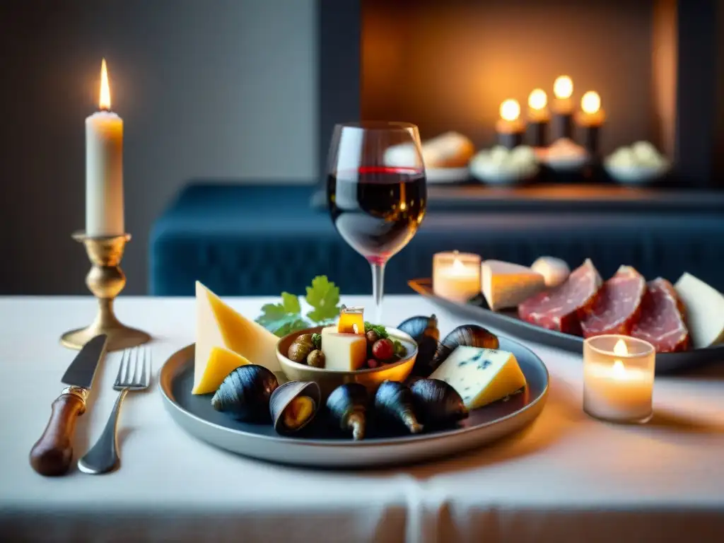 Una mesa de cena francesa perfecta para maridajes románticos con vino y delicias gastronómicas