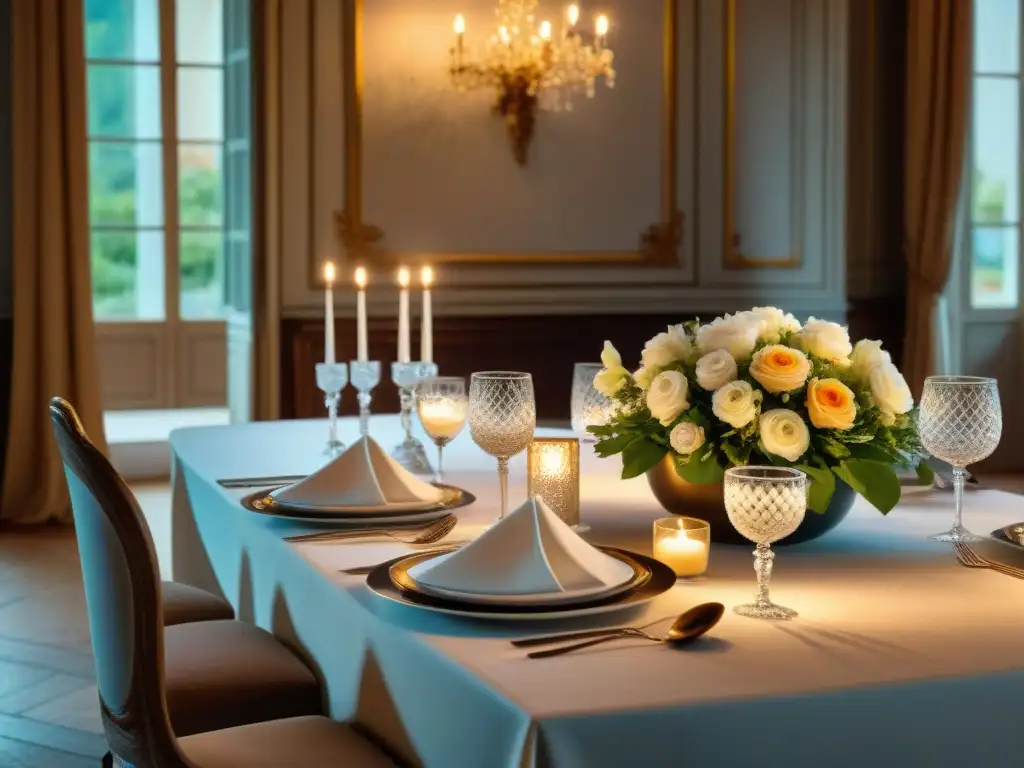 Una mesa de cena francesa exquisitamente puesta en un castillo tradicional, iluminada por velas