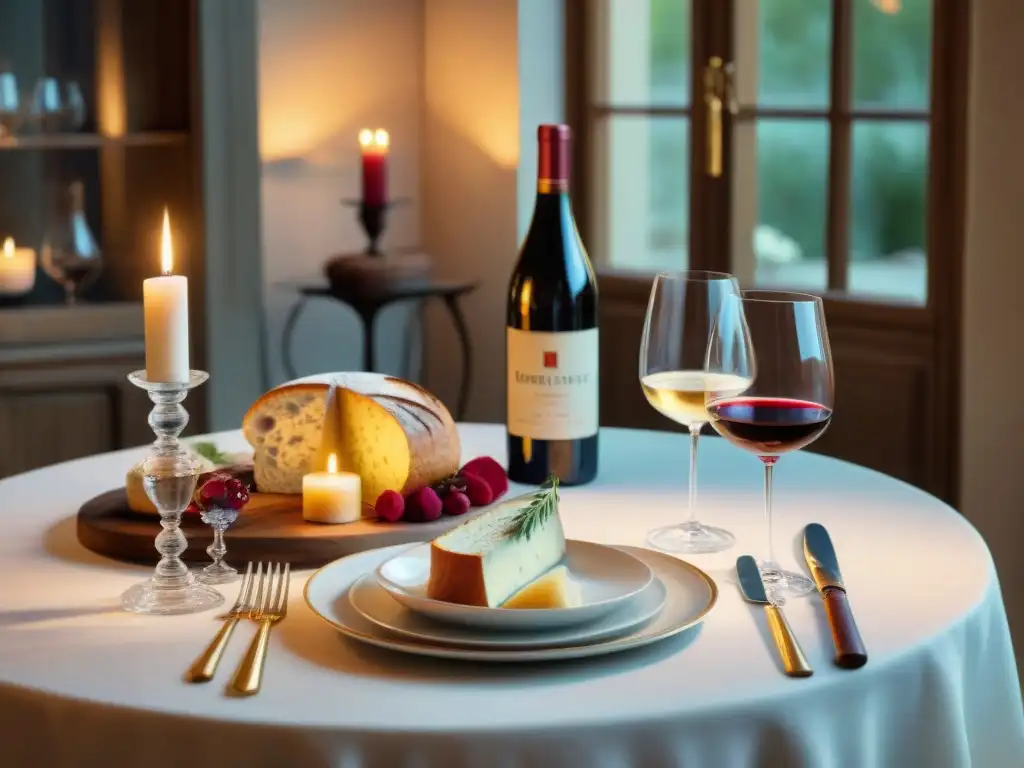 Una mesa de cena francesa romántica con vino tinto, queso y baguettes