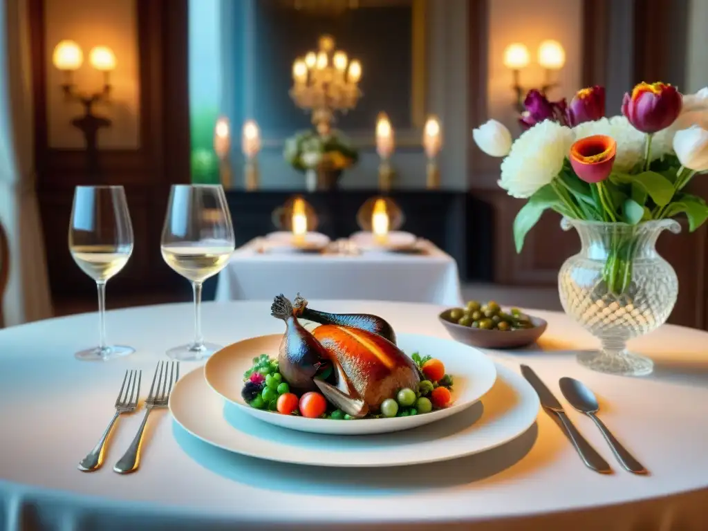 Una mesa de cena francesa sofisticada con menú gourmet y vino Bordeaux, en un elegante comedor de chateau