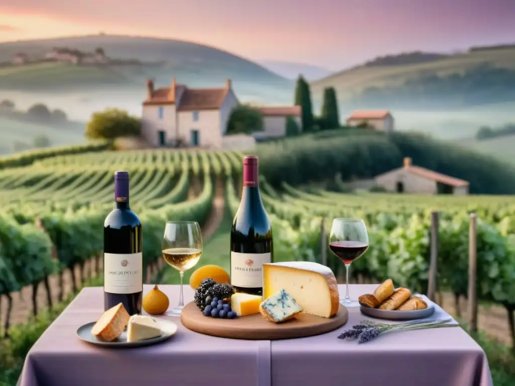 Una mesa de cena francesa con vinos, quesos, baguettes y pasteles