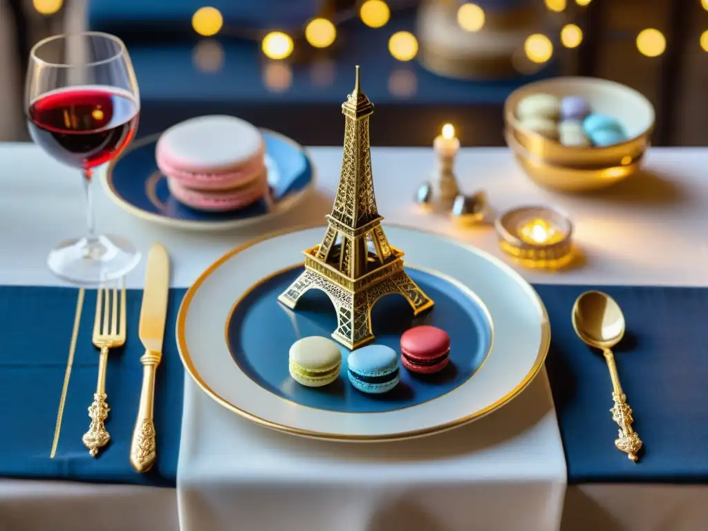 Una mesa de cena temática francesa innovadora con elegante decoración en blanco, oro y toques de la bandera francesa