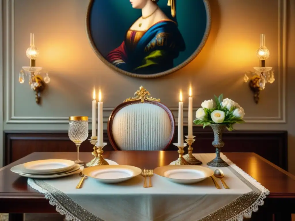 Una mesa de cena temática francesa lujosa, con vajilla exquisita y candelabros, evocando opulencia y refinamiento