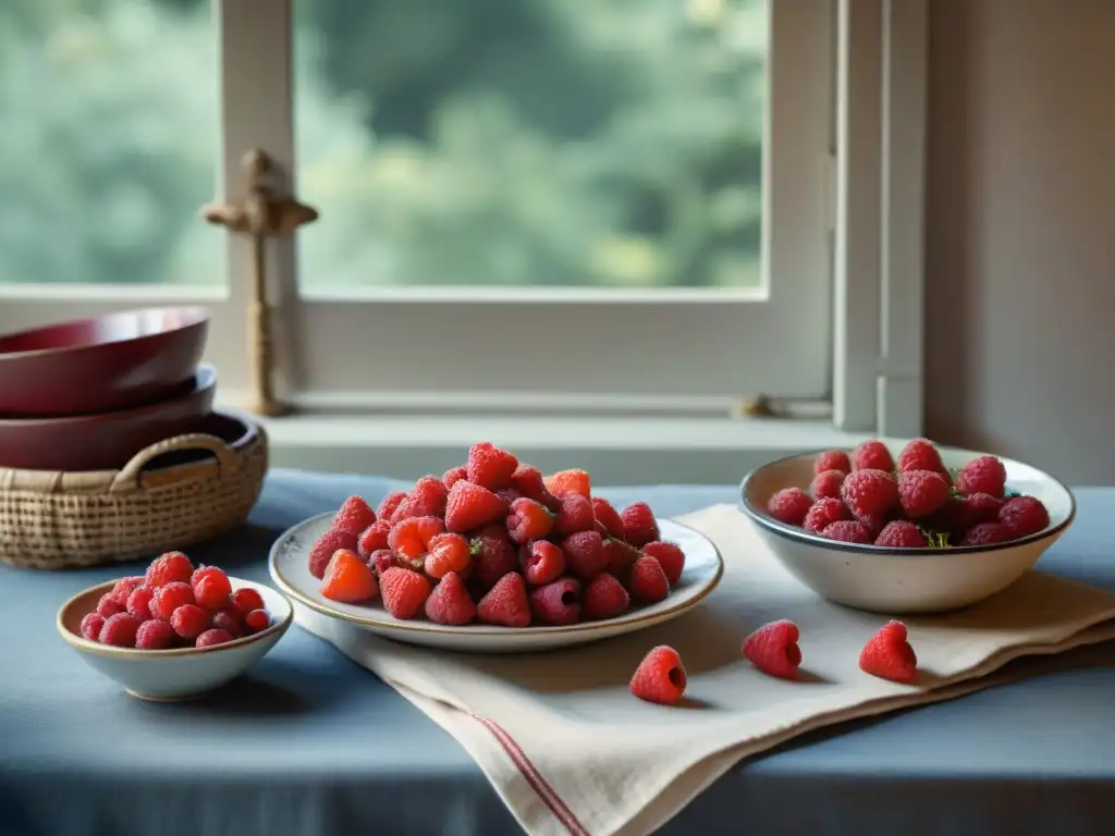 Una mesa de cocina francesa rústica cubierta con pequeñas frutas rojas, bowls vintage y cestas de mimbre, todo iluminado por la suave luz de la mañana