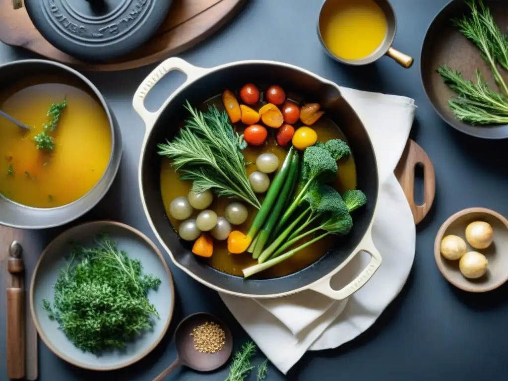 Una mesa de cocina rústica con utensilios franceses y una Potee Normande burbujeante