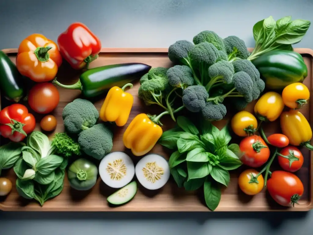 Una mesa de cocina rústica con vibrantes ingredientes de cocina francesa vegana