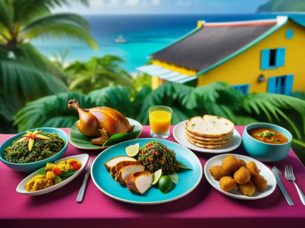 Una mesa colorida con platos tradicionales guadalupenses, rodeada de vegetación tropical y arquitectura criolla, bajo el cálido sol caribeño