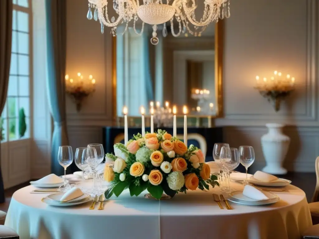 Una mesa de comedor elegantemente ambientada en un sofisticado castillo francés, con exquisita vajilla, cristalería y un centro floral lujoso