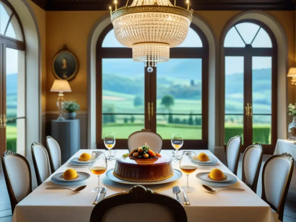 Una mesa de comedor lujosamente decorada en un Château francés, repleta de exquisitos platos de la gastronomía francesa