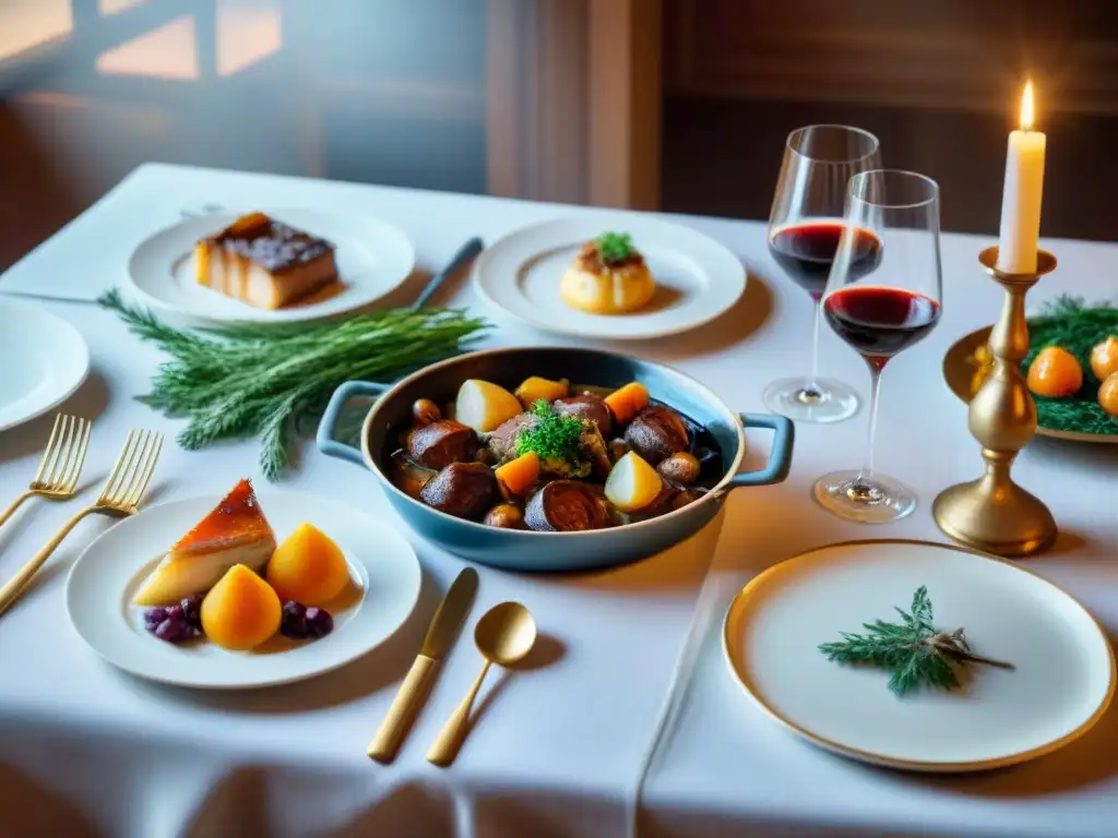 Una mesa de comedor lujosamente decorada con delicias culinarias francesas