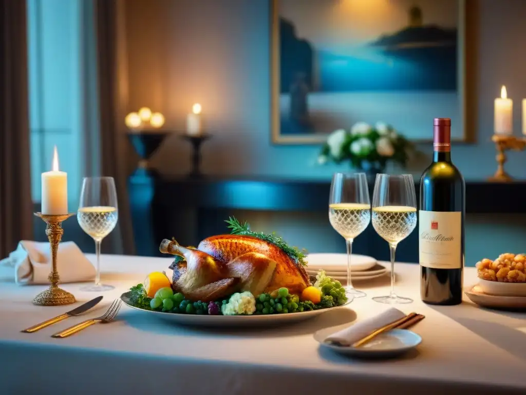 Una mesa de comedor elegantemente decorada con detalles franceses, armonización de vinos y exquisitas delicias gourmet