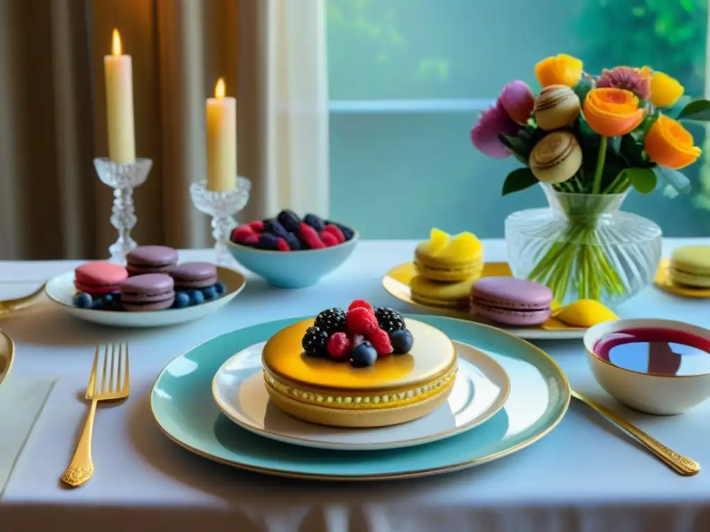 Una mesa de comedor exquisitamente decorada con elementos de la gastronomía francesa e inspiración impresionista