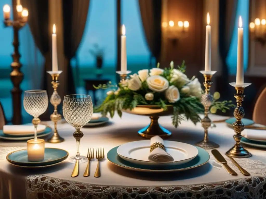 Una mesa de comedor lujosamente decorada al estilo de La Belle Époque, evocando la opulencia de las cenas temáticas francesas gastronomía