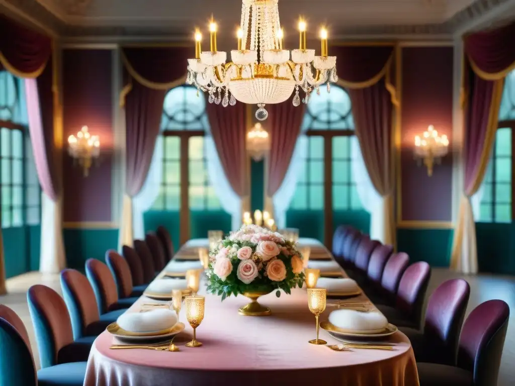 Una mesa de comedor lujosamente decorada para un evento temático francés, con elementos vintage y una elegancia atemporal