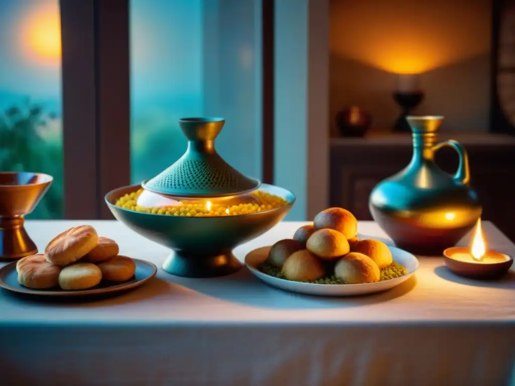 Una mesa de comedor exquisitamente decorada con influencia gastronómica árabe en Francia