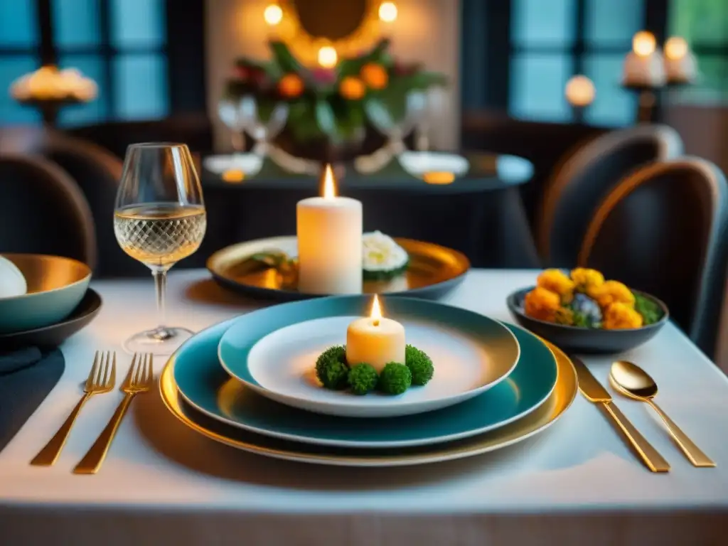 Una mesa de comedor exquisitamente decorada con platos y ambiente sofisticado, creando un maridaje visual decoración platos experiencia