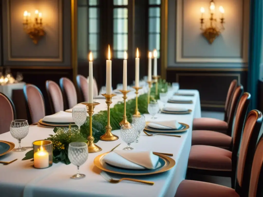 Una mesa de comedor lujosamente decorada con vajilla fina y cubertería, reflejando la opulencia de la gastronomía francesa tradicional y moderna