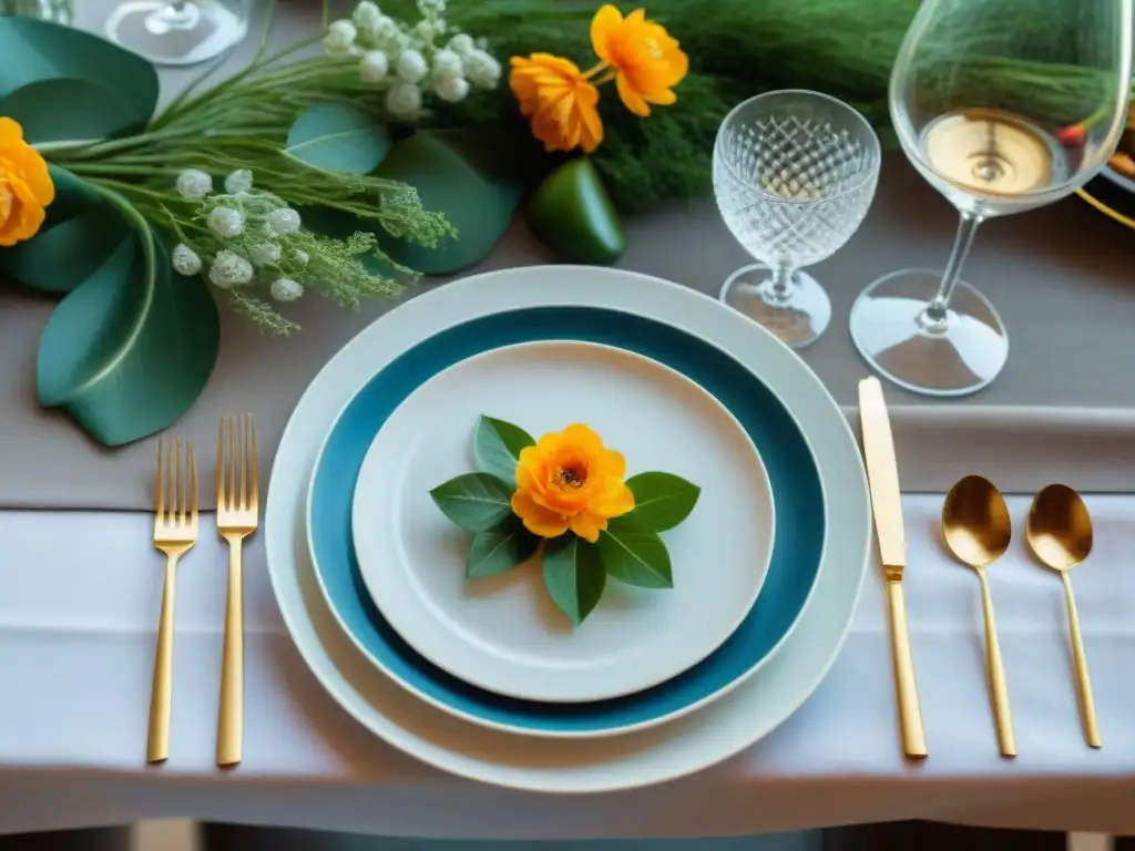 Una mesa de comedor elegante fusionando gastronomía francesa tradicional y moderna