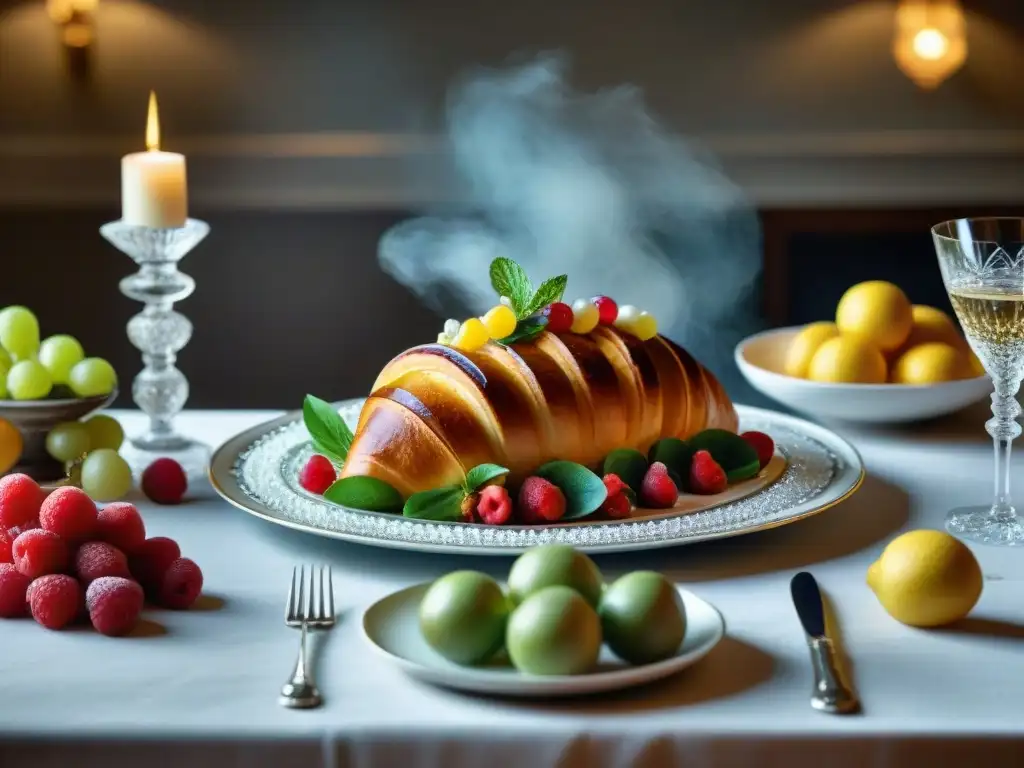 Una mesa de comedor francés exquisitamente decorada con centros de mesa comestibles franceses elaborados y detallados