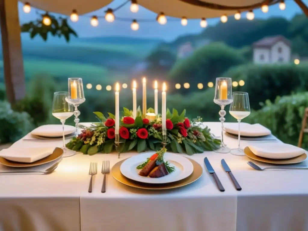 Una mesa de comedor francesa al aire libre bajo un cielo estrellado, con elegante mantelería blanca, velas titilantes y exquisitos platos franceses