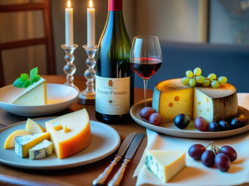 Una mesa de comedor francesa exquisitamente decorada con vinos, quesos y platos tradicionales, en un ambiente campestre acogedor