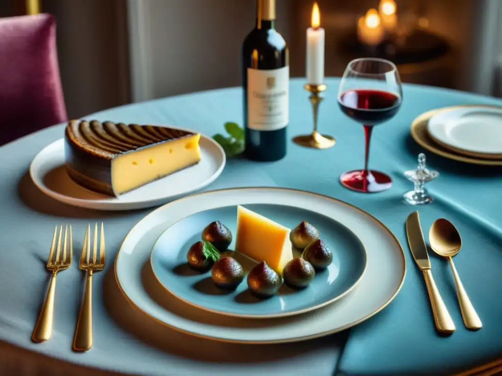 Una mesa de comedor francesa exquisitamente decorada con platillos gourmet y vinos finos, evocando lujo y refinamiento