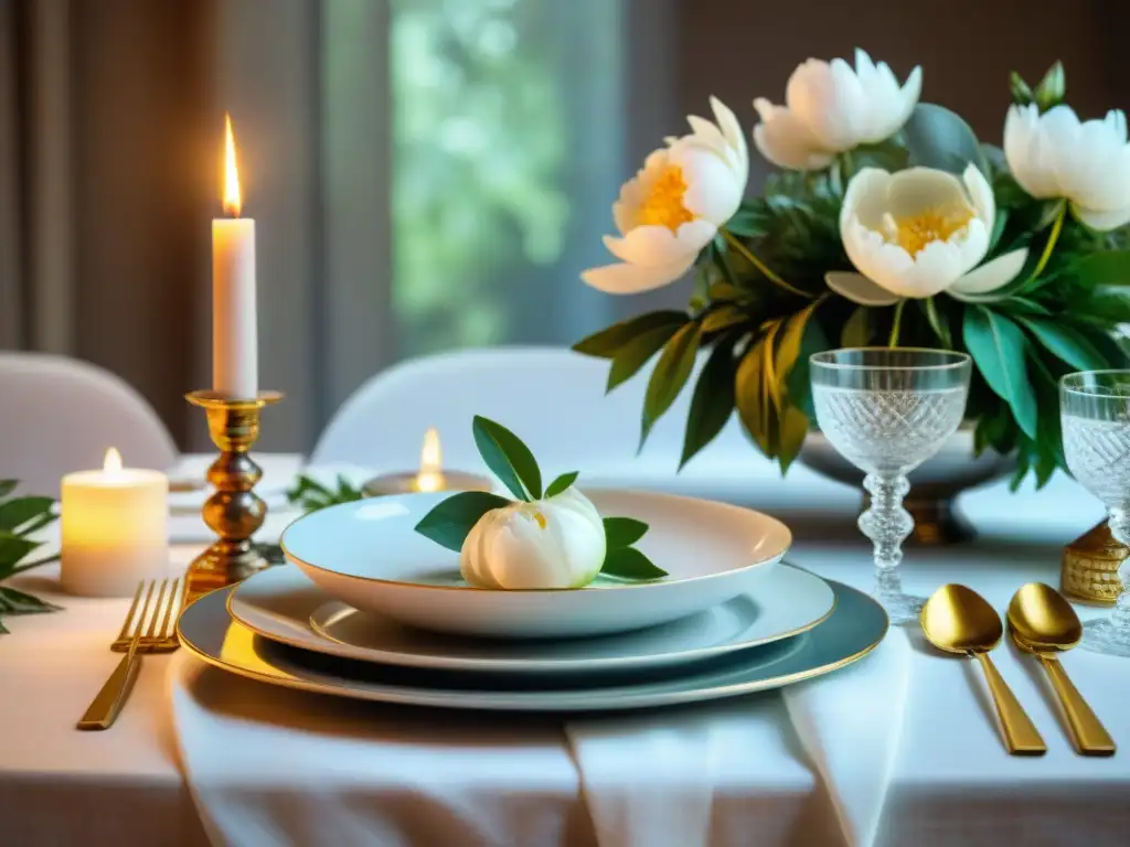 Una mesa de comedor francesa elegantemente decorada con vajilla de porcelana, copas de cristal, cubiertos de plata y un centro floral de peonías, reflejando la estética francesa en gastronomía