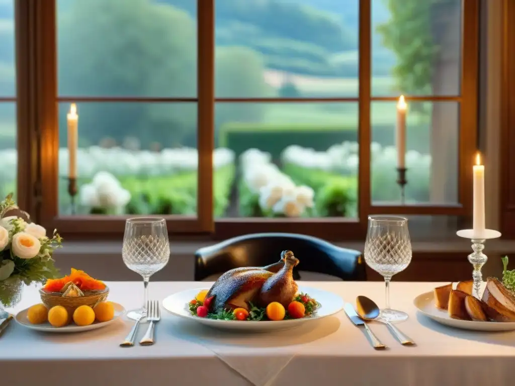 Una mesa de comedor francesa bellamente decorada con vajilla elegante, cristalería fina y centros florales vibrantes, iluminada por velas