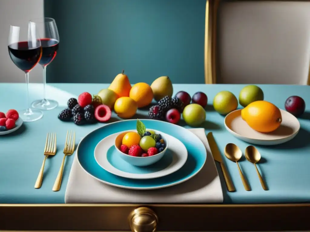 Una mesa de comedor francesa exquisitamente decorada con una armonía cromática gastronómica deslumbrante