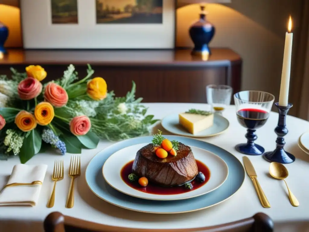 Una mesa de comedor francesa elegante con exquisitos platos y accesorios, bañada por luz natural