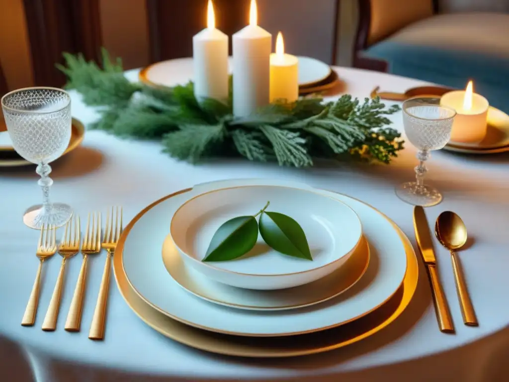 Una mesa de comedor francesa elegante, con fina vajilla, cristalería, cubiertos de plata y arreglos florales, iluminada por velas