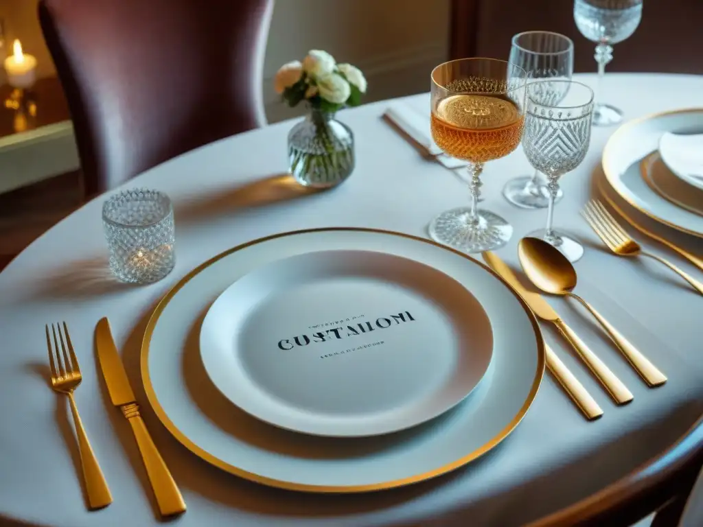 Una mesa de comedor francesa elegante y detallada, con vajilla fina, cubiertos de plata y cristalería, decorada con centros florales