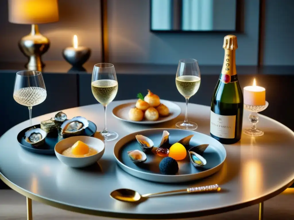 Una mesa de comedor francesa elegante con Champagne y exquisita gastronomía, resaltando el arte del maridaje