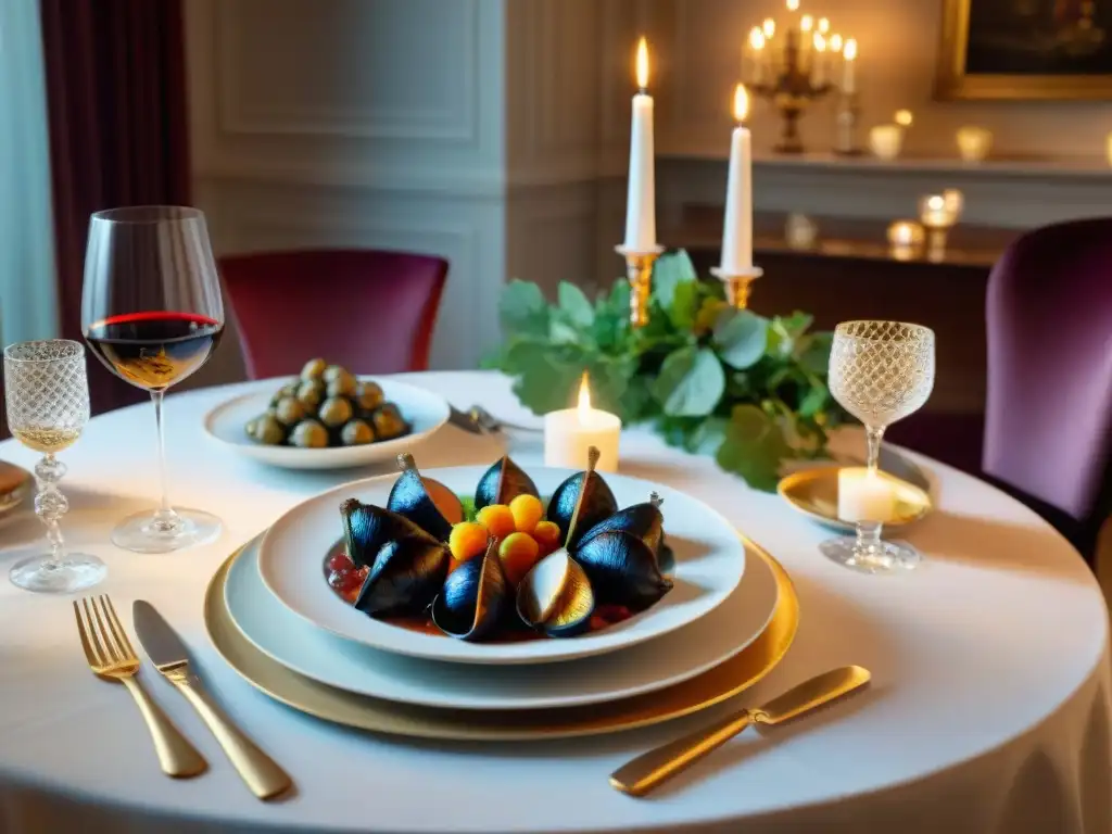 Una mesa de comedor francesa elegante, con exquisitos platos y vinos maridados, creando un ambiente sofisticado y acogedor