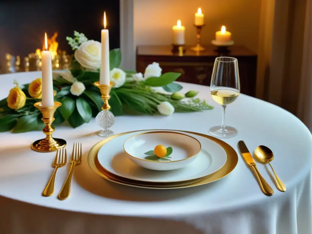 Una mesa de comedor francesa elegante con vajilla de Limoges y cubiertos de plata, iluminada por velas