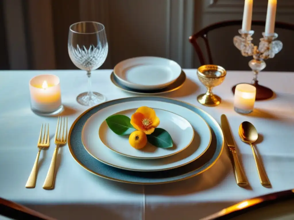 Una mesa de comedor francesa exquisita con vajilla de Limoges, cubiertos vintage, copas de cristal y servilletas de lino, destacando los estilos de vajilla gastronomía francesa