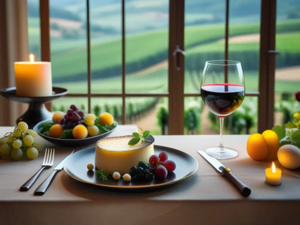 Mesa de lujo en Borgoña: gastronomía francesa y vinos refinados Una mesa de comedor francesa con exquisito maridaje vinos Borgoña gastronomía francesa