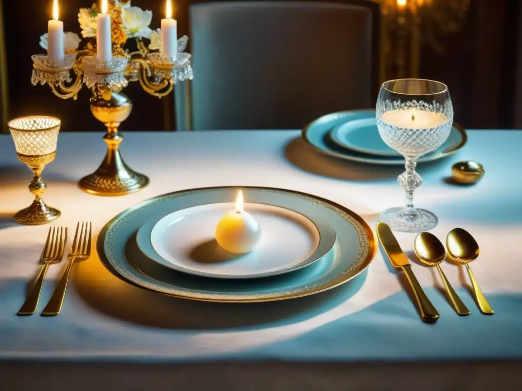 Una mesa de comedor francesa de lujo con vajilla de Limoges y cristalería brillante, iluminada por velas