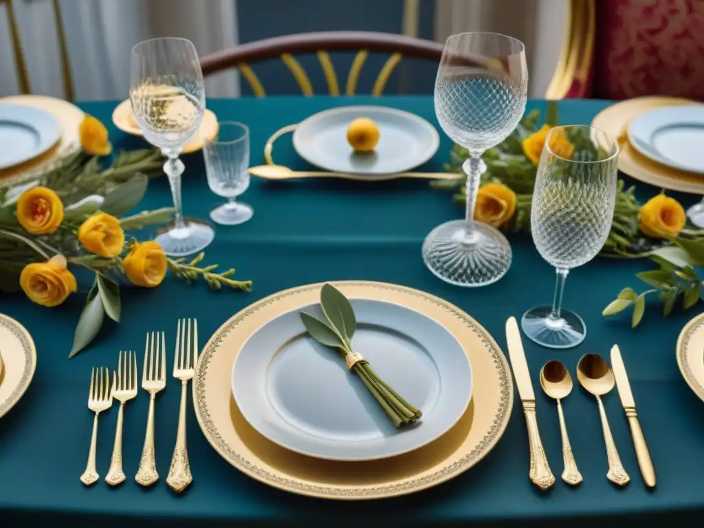 Una mesa de comedor francesa lujosa y elegante, con cubiertos, cristalería y vajilla fina, decorada con arreglos florales exquisitos