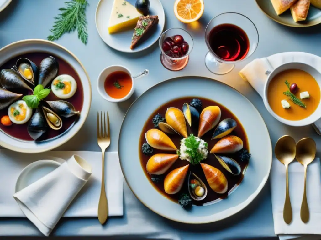 Una mesa de comedor francesa lujosa con exquisitas recetas y vinos, creando una atmósfera sofisticada