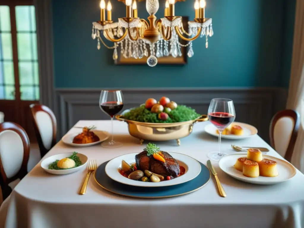 Una mesa de comedor francesa elegantemente puesta con platos tradicionales como Coq au Vin, Ratatouille y Crème Brûlée