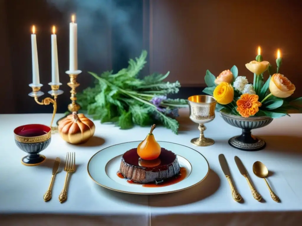 Mesa de lujo del siglo XIX: Gastronomía francesa opulenta Una mesa de comedor francesa del siglo XIX, exquisita vajilla y platos icónicos como Coq au Vin y Tarte Tatin
