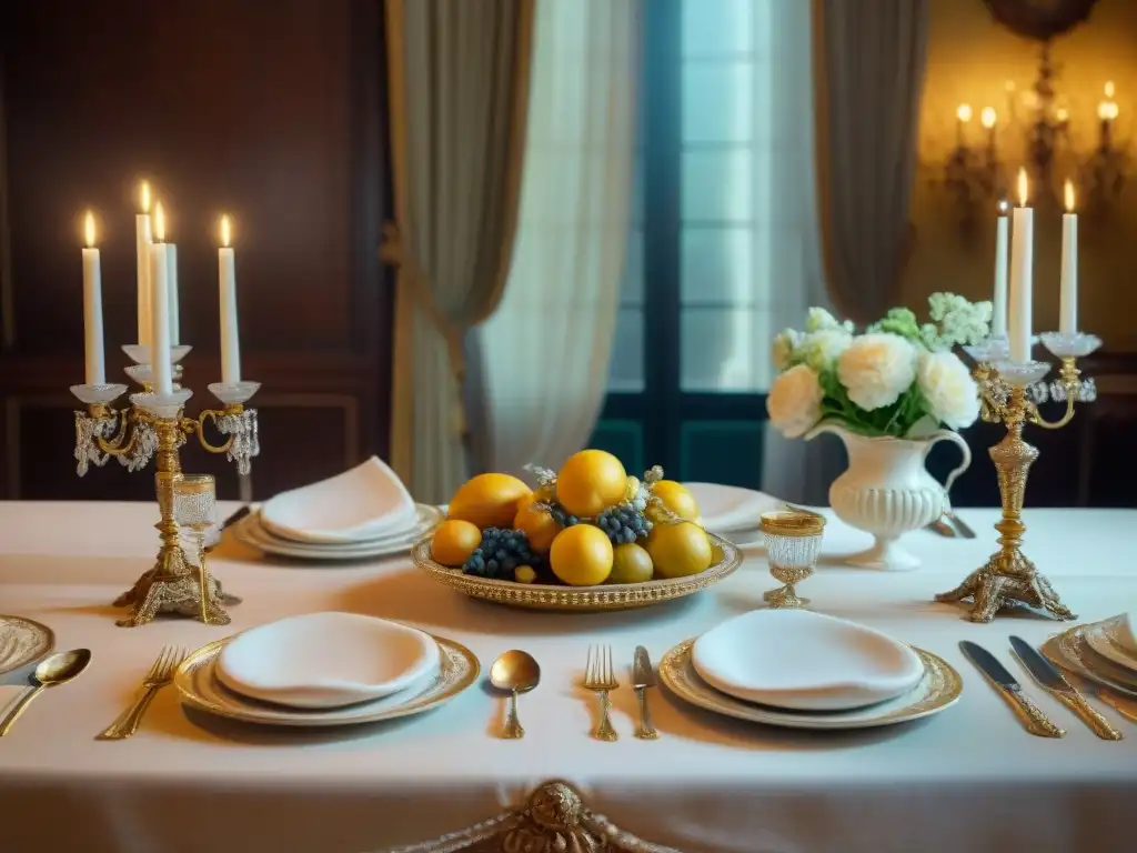 Mesa de comedor francesa del siglo XIX: elegancia y sofisticación Una mesa de comedor francesa del siglo XIX exquisitamente decorada con vajilla, cristalería, cubiertos y servilletas, destacando la elegancia de la gastronomía francesa siglo XIX