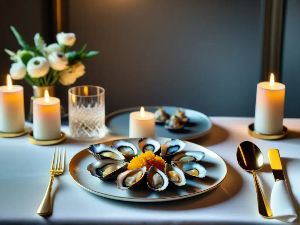 Una mesa de comedor francesa sofisticada con champagne y exquisiteces, decorada con lujo