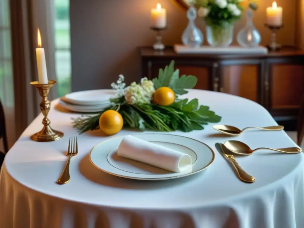 Mesa de comedor francesa tradicional y moderna, exquisitamente decorada con porcelana, cristalería y cubiertos de plata, rodeada de arreglos florales